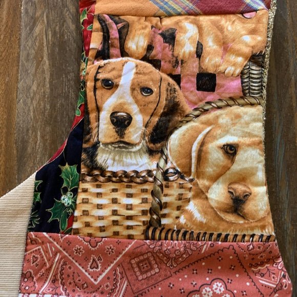 Christmas Stocking Quilted Dog Patchwork Fabric Puppy NEW 17” Handmade - Picture 2 of 5
